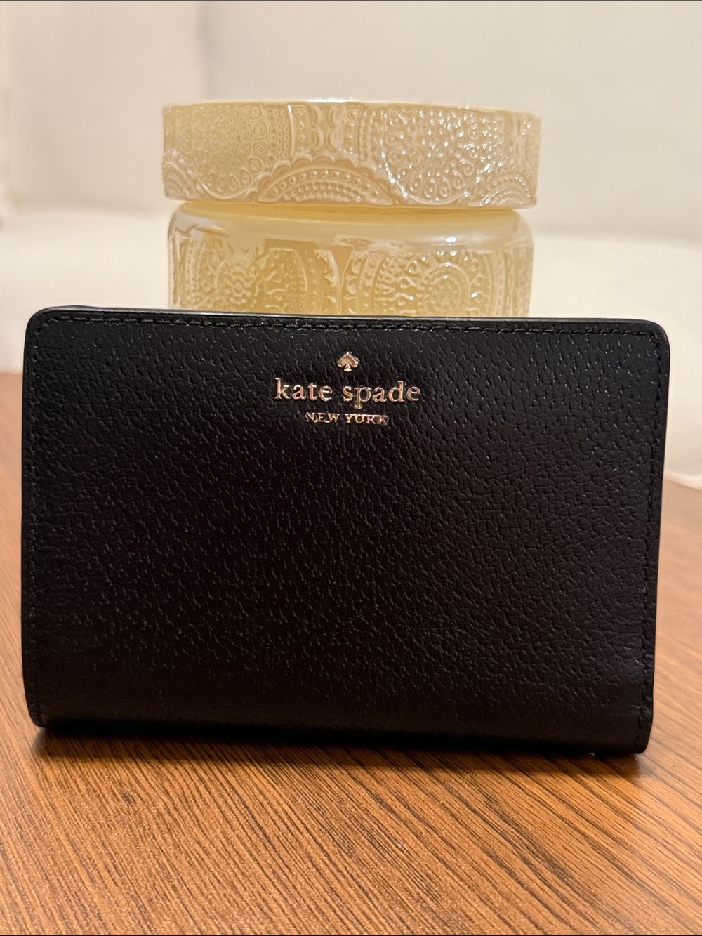 kate spade black leather wallet with gold logo